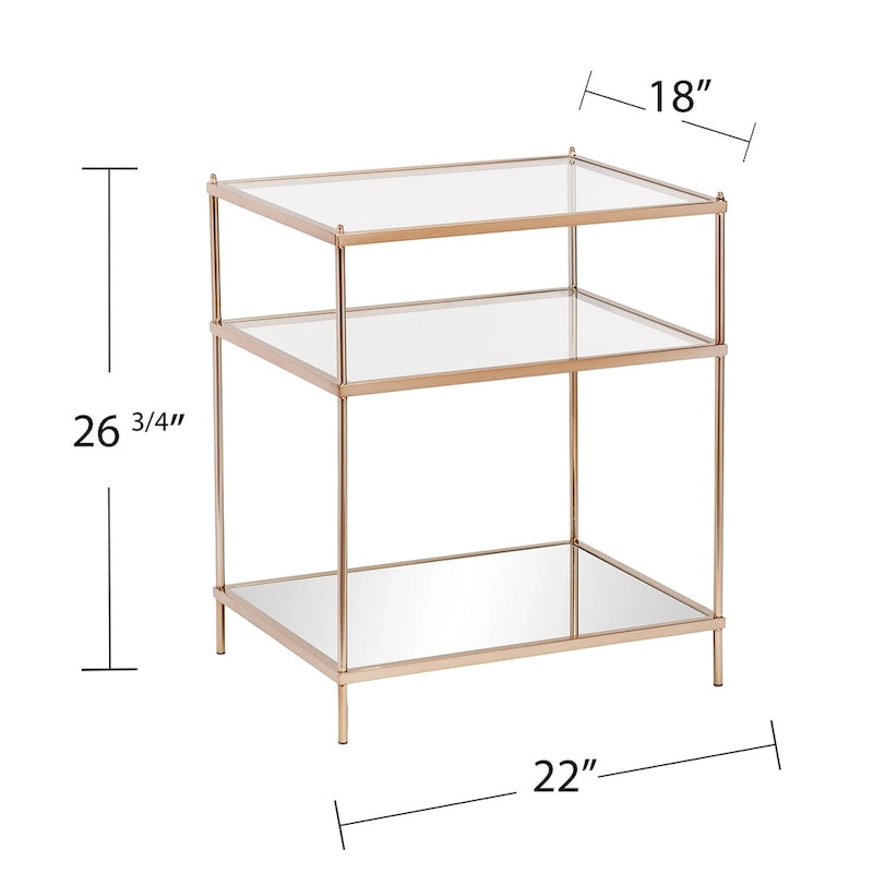 Table d'appoint à trois niveaux avec plateau en verre et étagère miroir