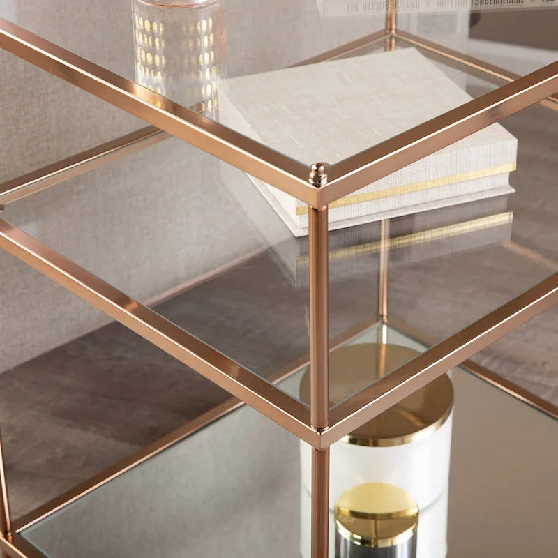 Table d'appoint à trois niveaux avec plateau en verre et étagère miroir