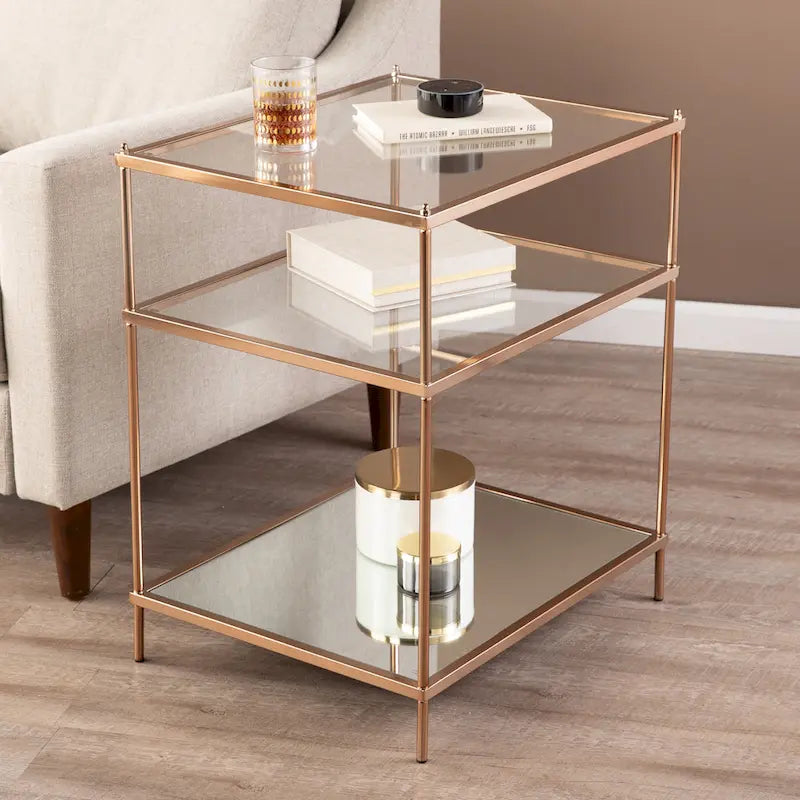 Table d'appoint à trois niveaux avec plateau en verre et étagère miroir
