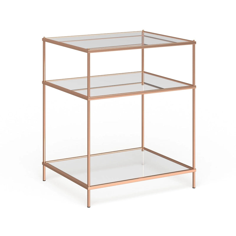 Table d'appoint à trois niveaux avec plateau en verre et étagère miroir