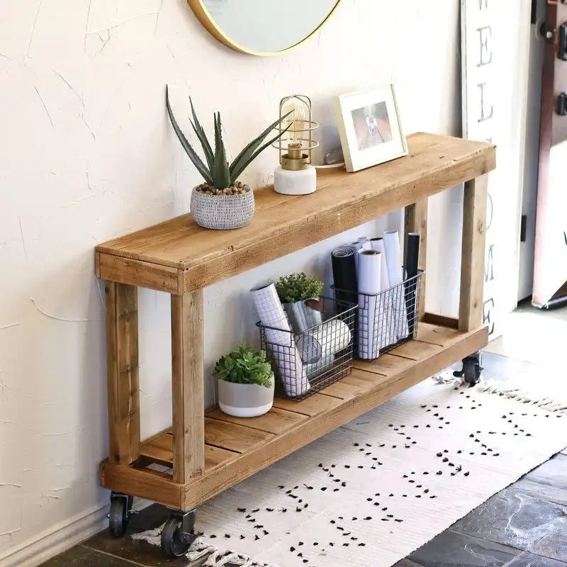 Console en bois de récupération avec roues industrielles verrouillables, naturel