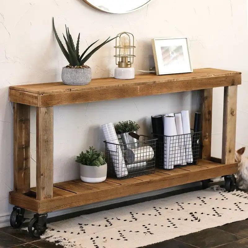 Console en bois de récupération avec roues industrielles verrouillables, naturel