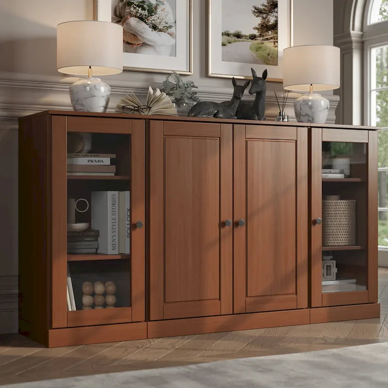 Buffet en bois massif de 65 pouces avec étagères réglables et portes en verre ou pleines au choix