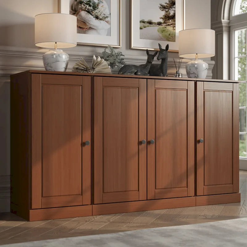 Buffet en bois massif de 65 pouces avec étagères réglables et portes en verre ou pleines au choix