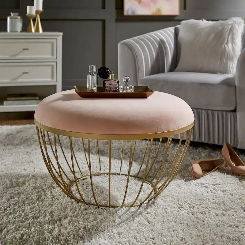 Pouf rond rembourré avec base ouverte en métal doré thermolaqué, lin ou velours