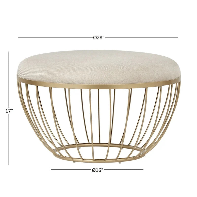 Pouf rond rembourré avec base ouverte en métal doré thermolaqué, lin ou velours