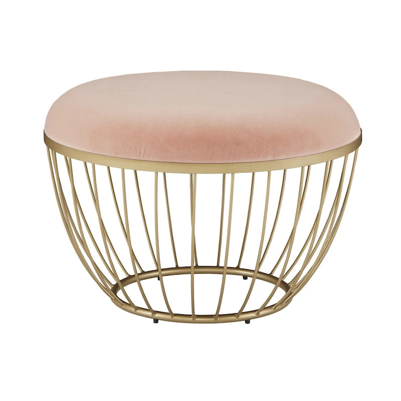 Pouf rond rembourré avec base ouverte en métal doré thermolaqué, lin ou velours