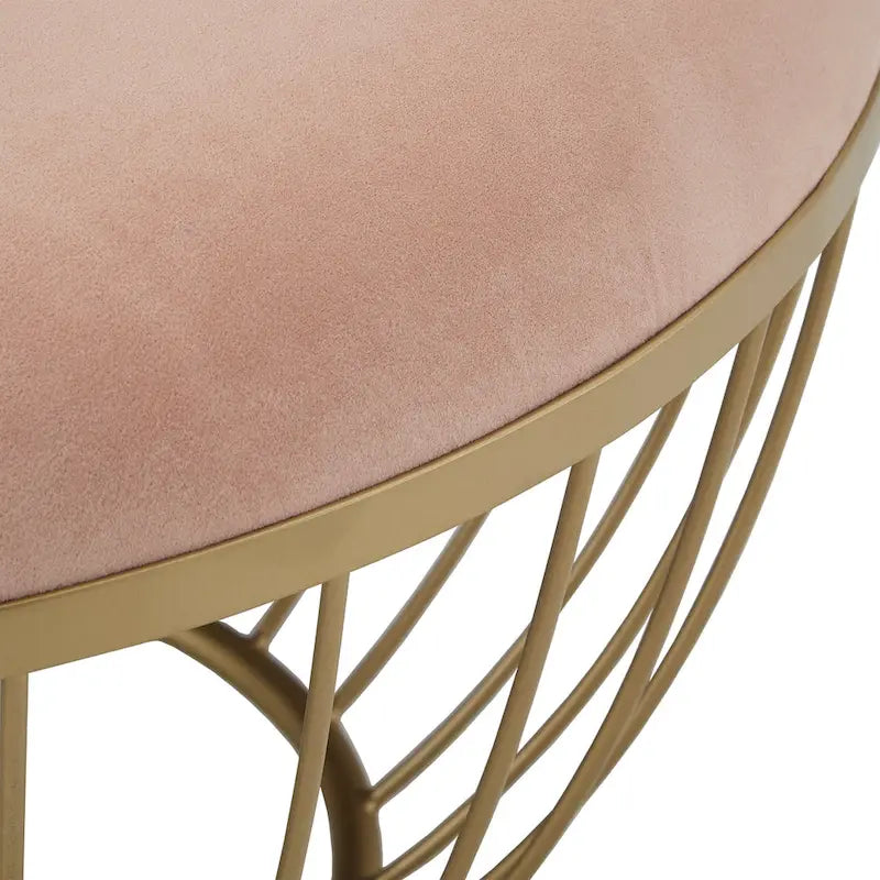 Pouf rond rembourré avec base ouverte en métal doré thermolaqué, lin ou velours