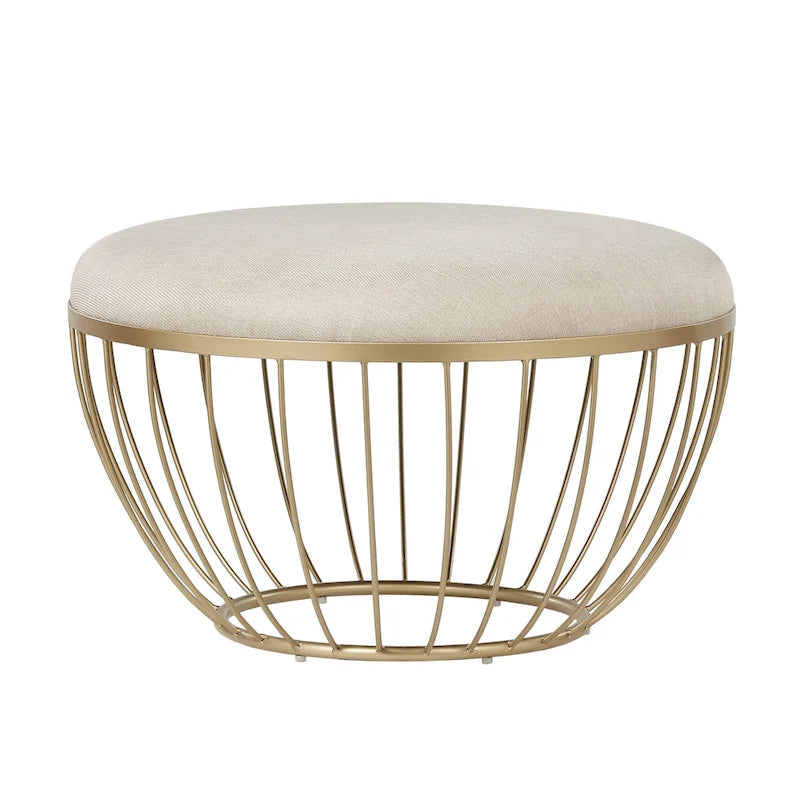Pouf rond rembourré avec base ouverte en métal doré thermolaqué, lin ou velours