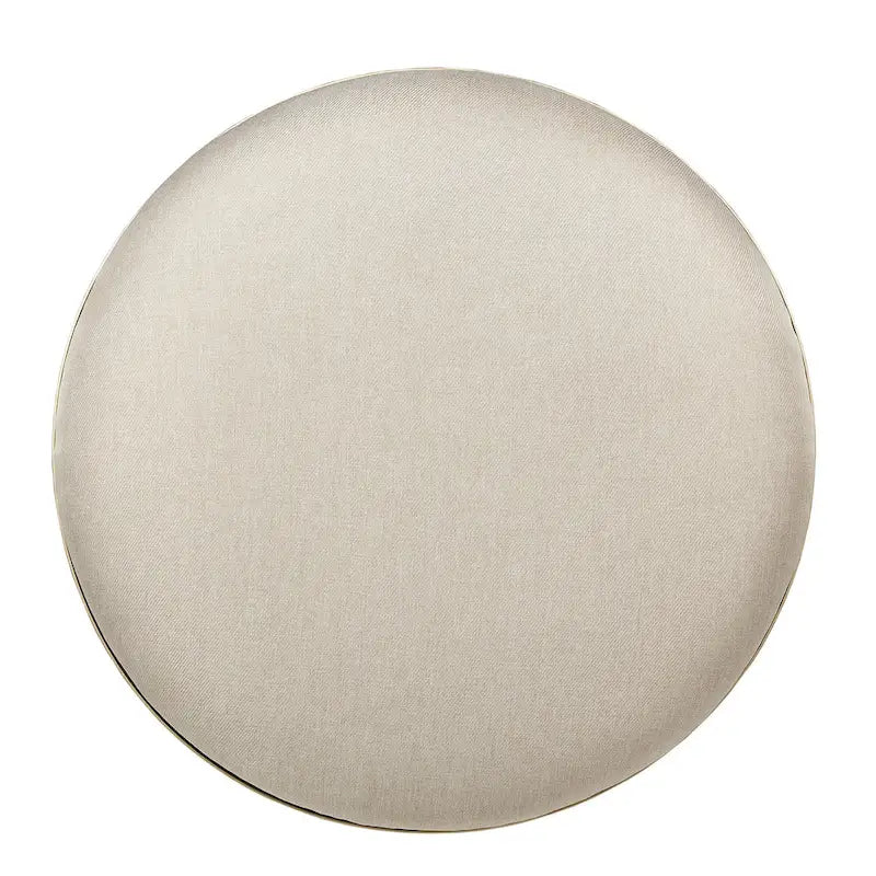 Pouf rond rembourré avec base ouverte en métal doré thermolaqué, lin ou velours
