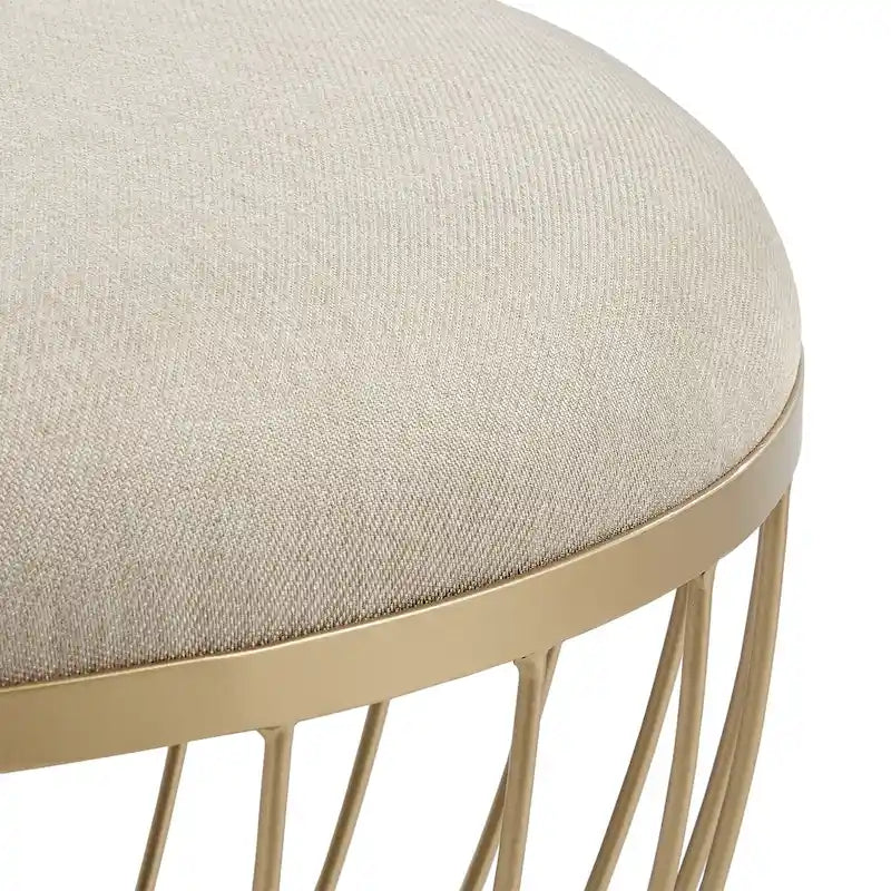 Pouf rond rembourré avec base ouverte en métal doré thermolaqué, lin ou velours