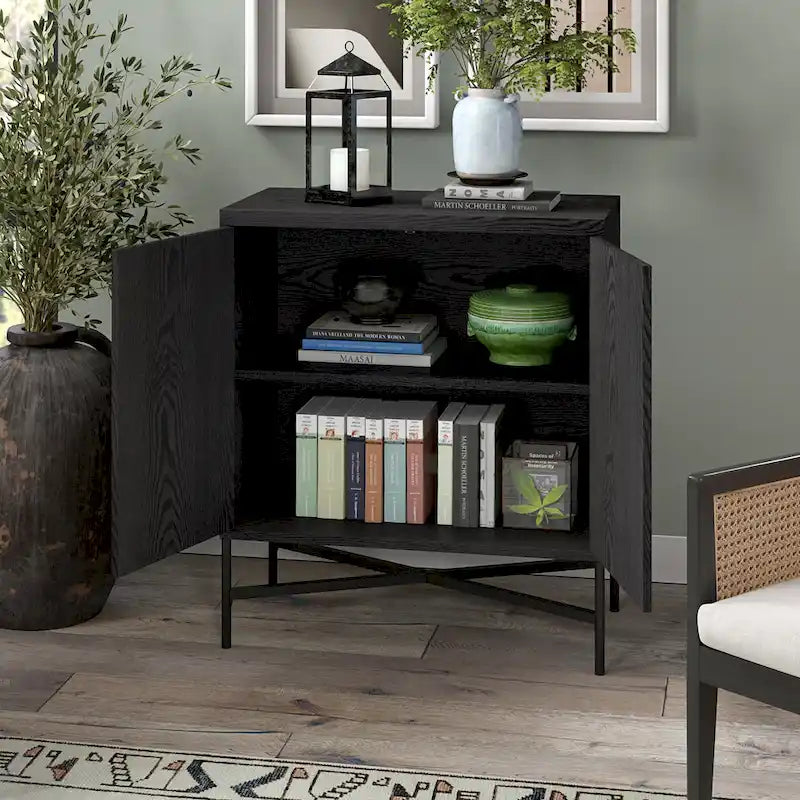 Meuble de rangement d'appoint de 28 po avec étagère réglable, portes texturées en PVC et gestion des câbles