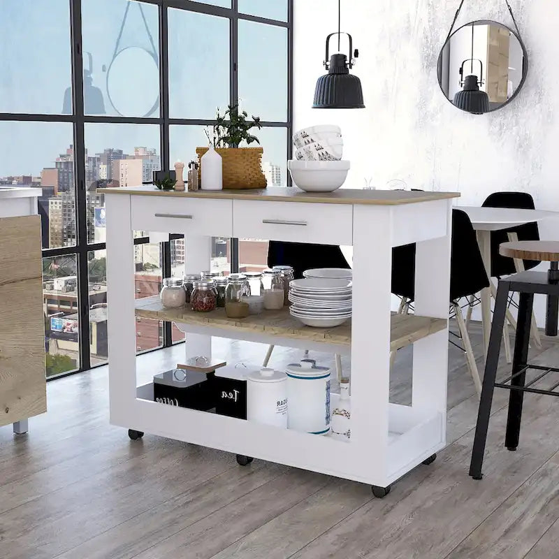 FM Furniture Brooklyn 46 Kitchen Island, Two Shelves, Two Drawers