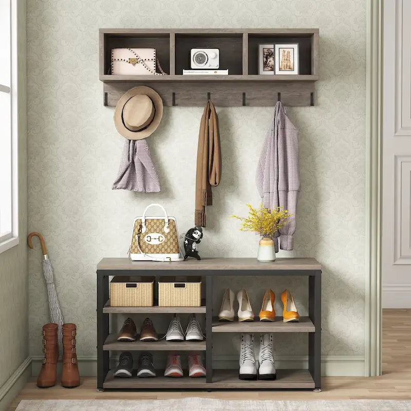 Porte-manteau industriel 5-en-1 avec banc, range-chaussures et casiers de rangement pour entrée