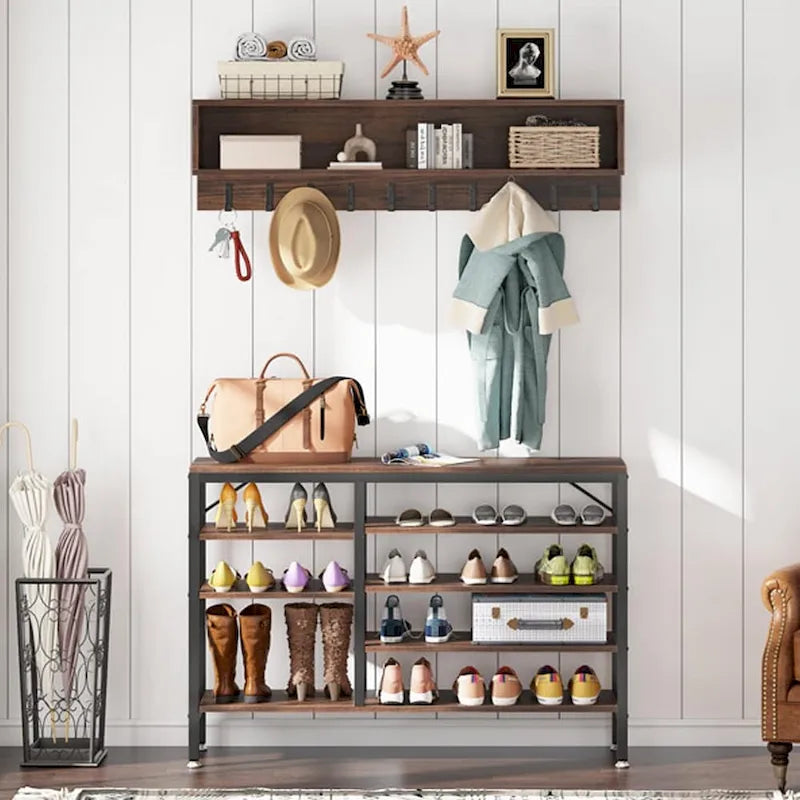 Porte-manteau industriel 5-en-1 avec banc, range-chaussures et casiers de rangement pour entrée
