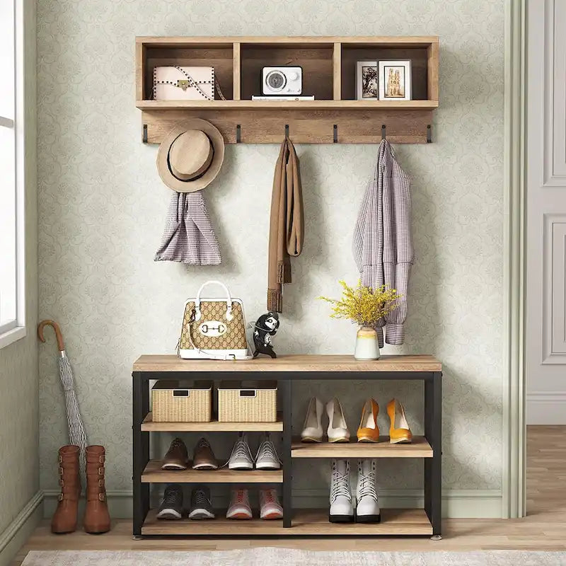 Entryway Coat Rack Shoe Bench Set, Industrial Hall Tree Coat Shoe Rack