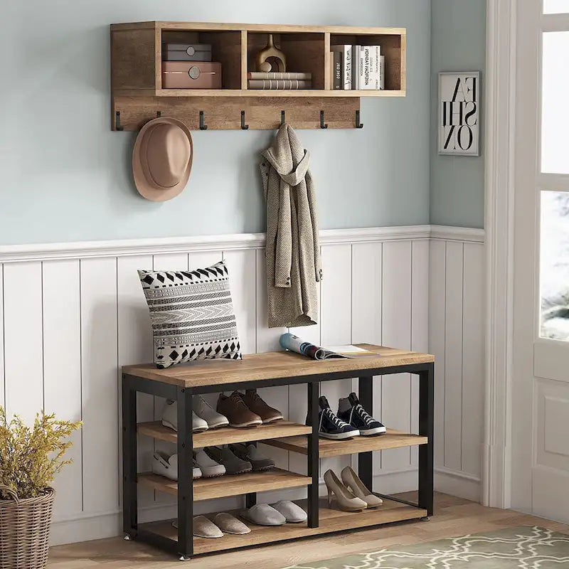 Porte-manteau industriel 5-en-1 avec banc, range-chaussures et casiers de rangement pour entrée