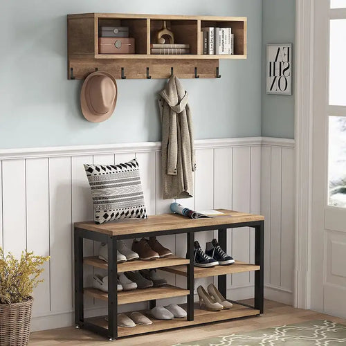 Porte-manteau industriel 5-en-1 avec banc, range-chaussures et casiers de rangement pour entrée