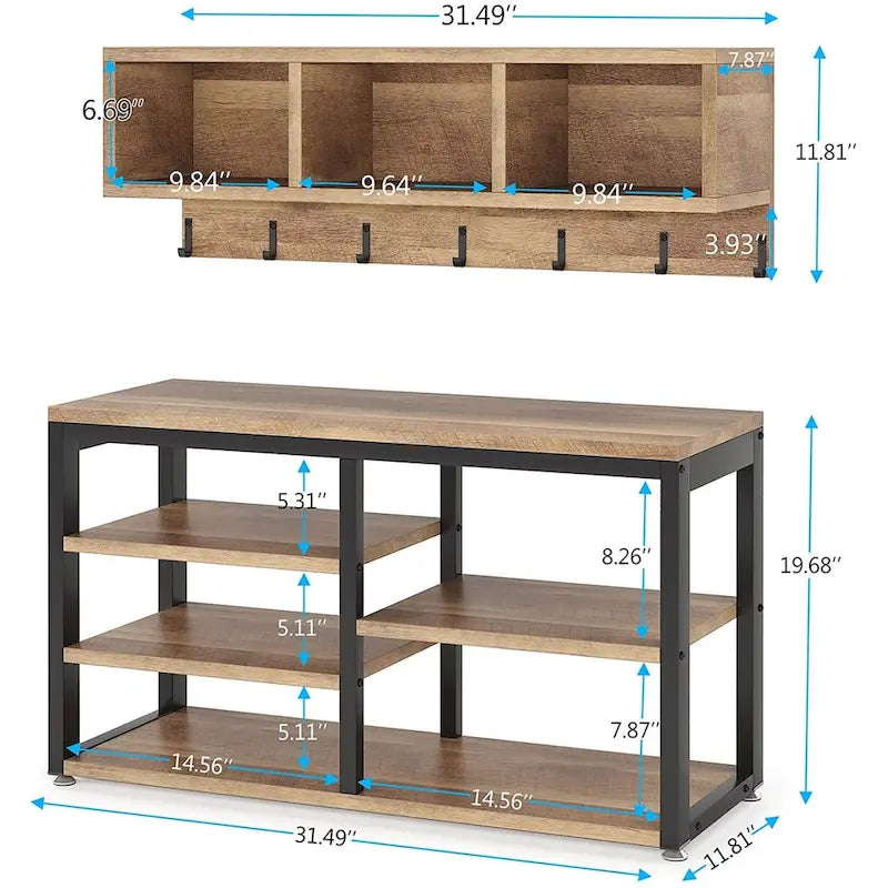 Porte-manteau industriel 5-en-1 avec banc, range-chaussures et casiers de rangement pour entrée