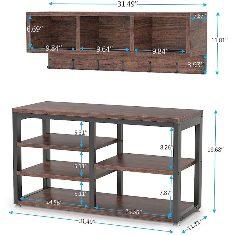 Porte-manteau industriel 5-en-1 avec banc, range-chaussures et casiers de rangement pour entrée