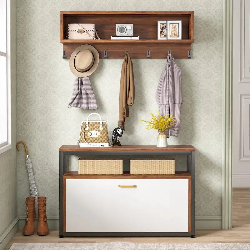 Porte-manteau industriel 5-en-1 avec banc, range-chaussures et casiers de rangement pour entrée