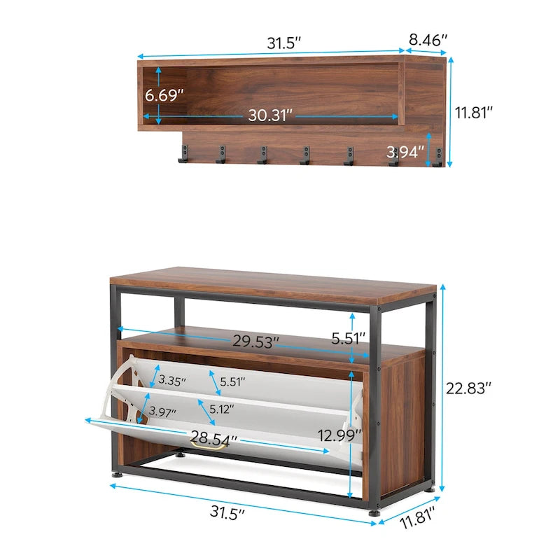 Porte-manteau industriel 5-en-1 avec banc, range-chaussures et casiers de rangement pour entrée