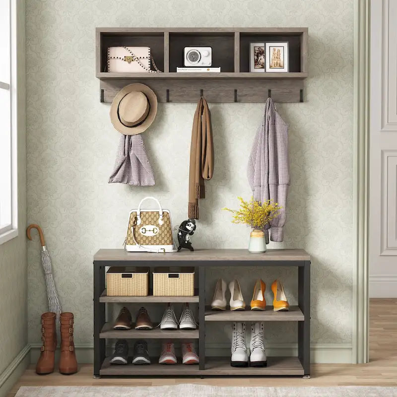Porte-manteau industriel 5-en-1 avec banc, range-chaussures et casiers de rangement pour entrée