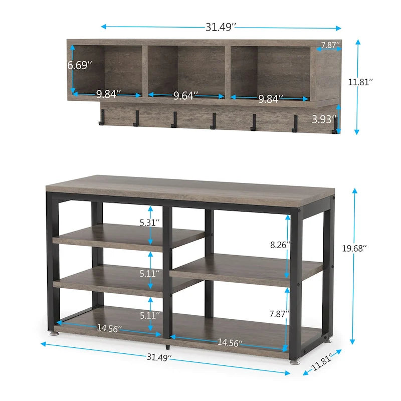 Porte-manteau industriel 5-en-1 avec banc, range-chaussures et casiers de rangement pour entrée