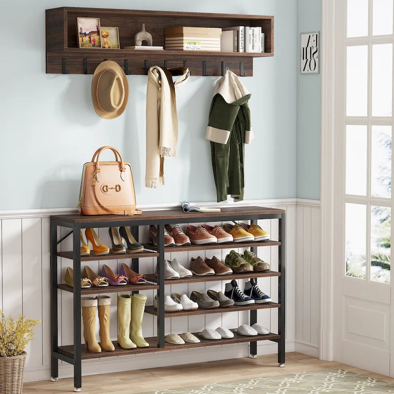 Porte-manteau industriel 5-en-1 avec banc, range-chaussures et casiers de rangement pour entrée