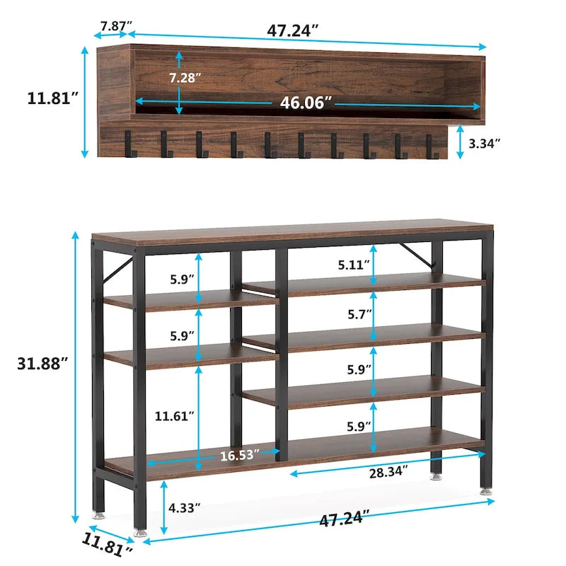 Porte-manteau industriel 5-en-1 avec banc, range-chaussures et casiers de rangement pour entrée