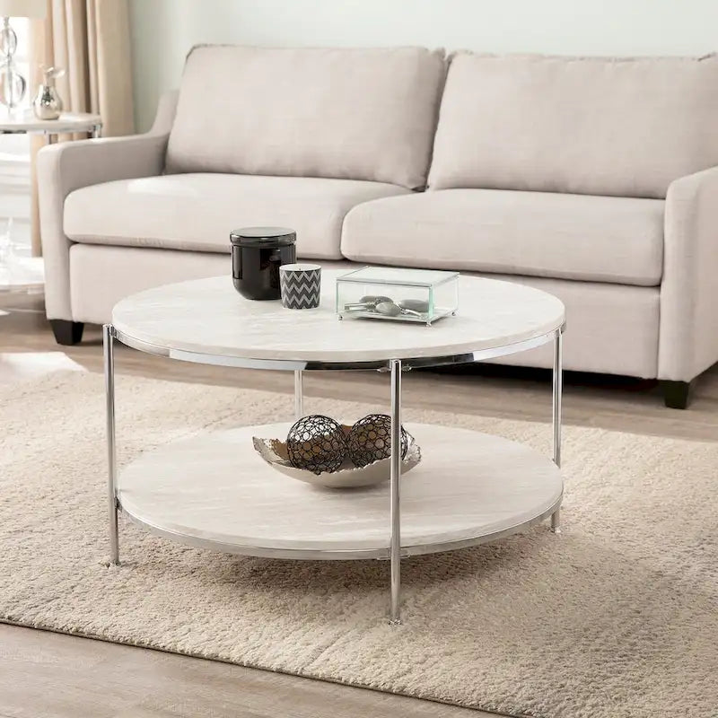 Table basse ronde en faux marbre avec étagère inférieure
