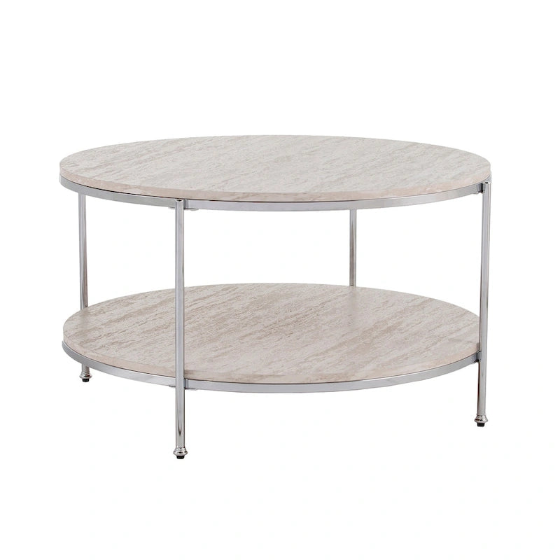 Table basse ronde en faux marbre avec étagère inférieure