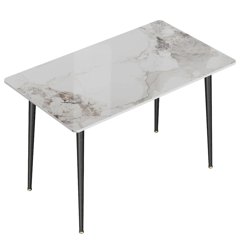 Table à manger rectangulaire avec plateau en pierre frittée et pieds effilés en métal