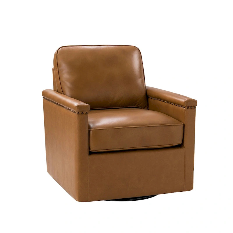 Fauteuil pivotant à 360° en cuir véritable classique avec garniture cloutée
