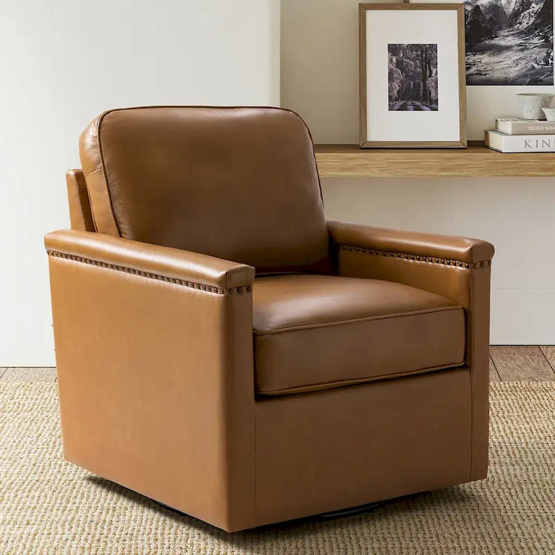 Fauteuil pivotant à 360° en cuir véritable classique avec garniture cloutée