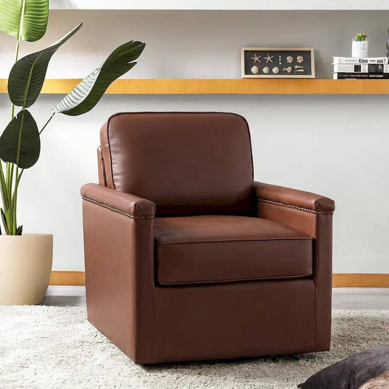 Fauteuil pivotant à 360° en cuir véritable classique avec garniture cloutée