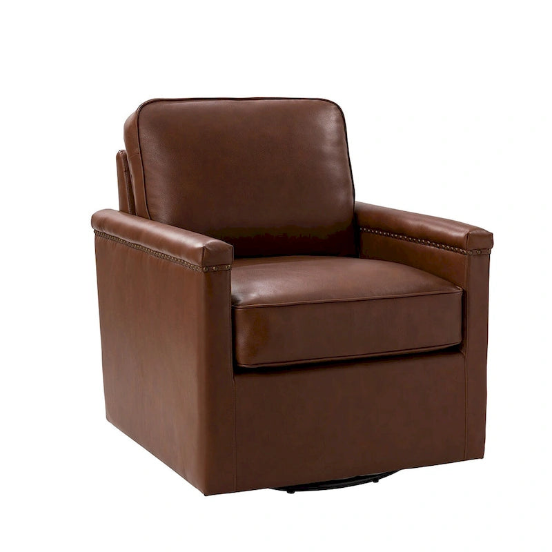 Fauteuil pivotant à 360° en cuir véritable classique avec garniture cloutée