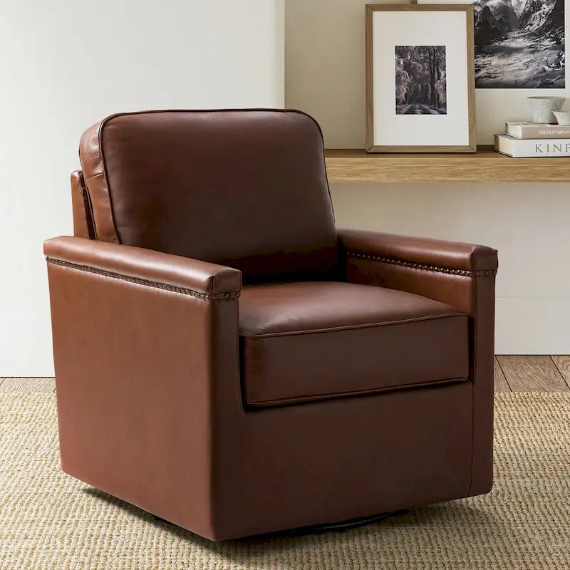 Fauteuil pivotant à 360° en cuir véritable classique avec garniture cloutée