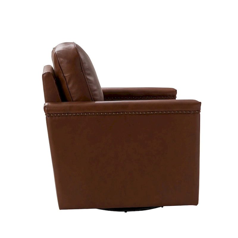 Fauteuil pivotant à 360° en cuir véritable classique avec garniture cloutée