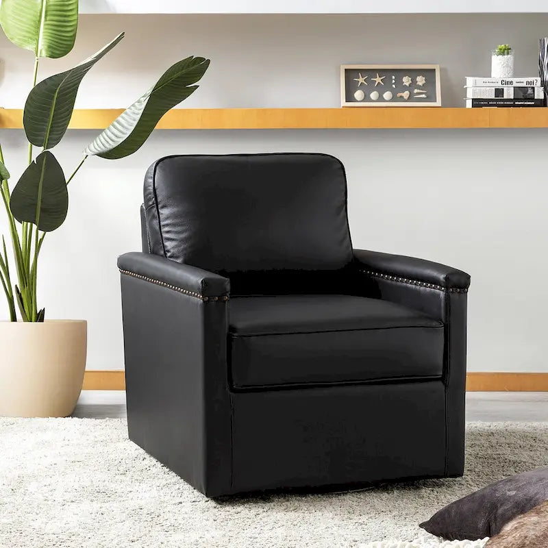 Fauteuil pivotant à 360° en cuir véritable classique avec garniture cloutée