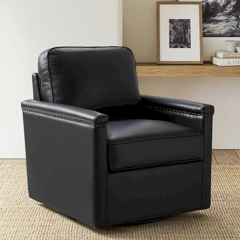 Fauteuil pivotant à 360° en cuir véritable classique avec garniture cloutée