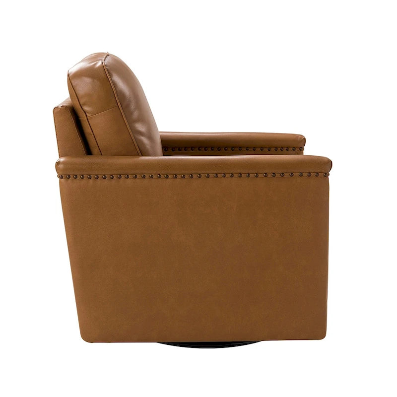Fauteuil pivotant à 360° en cuir véritable classique avec garniture cloutée
