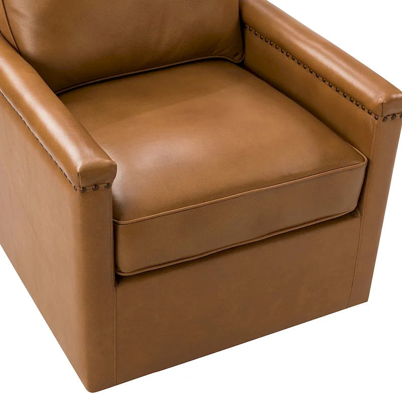Fauteuil pivotant à 360° en cuir véritable classique avec garniture cloutée