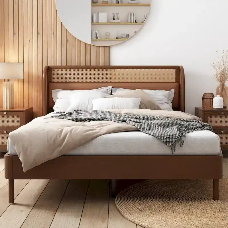 Rattan Wood Platform Queen Bed