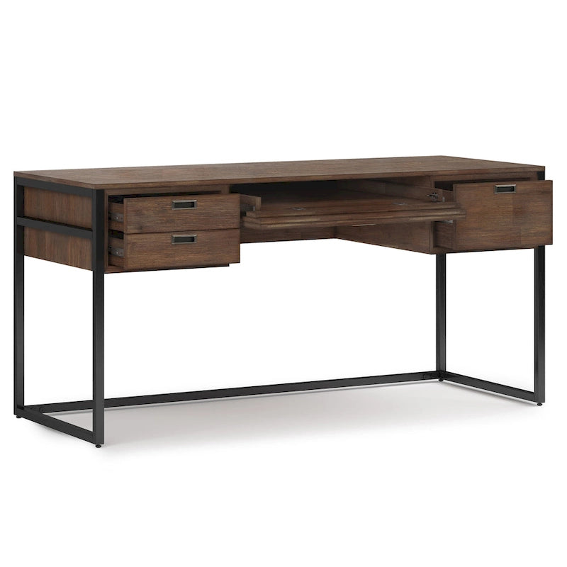 Bureau industriel de 152 cm en bois d'acacia massif avec tiroir-clavier et tiroirs