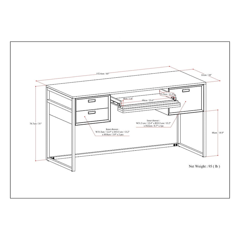 Bureau industriel de 152 cm en bois d'acacia massif avec tiroir-clavier et tiroirs