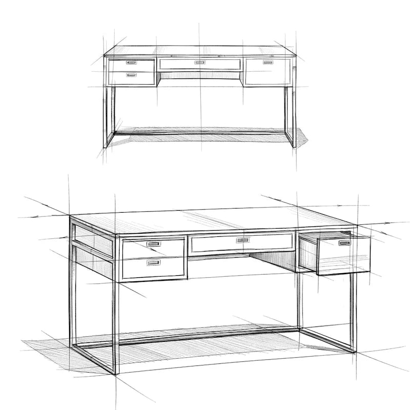 Bureau industriel de 152 cm en bois d'acacia massif avec tiroir-clavier et tiroirs