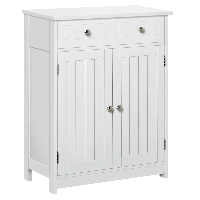 Meuble de rangement de salle de bain sur pied avec 2 tiroirs et étagère réglable, blanc
