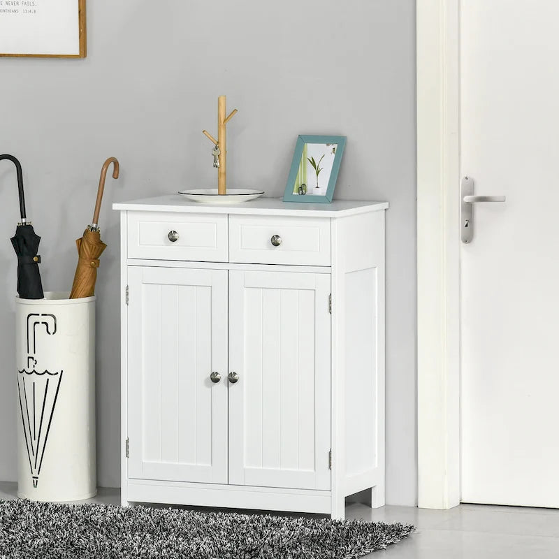 Meuble de rangement de salle de bain sur pied avec 2 tiroirs et étagère réglable, blanc