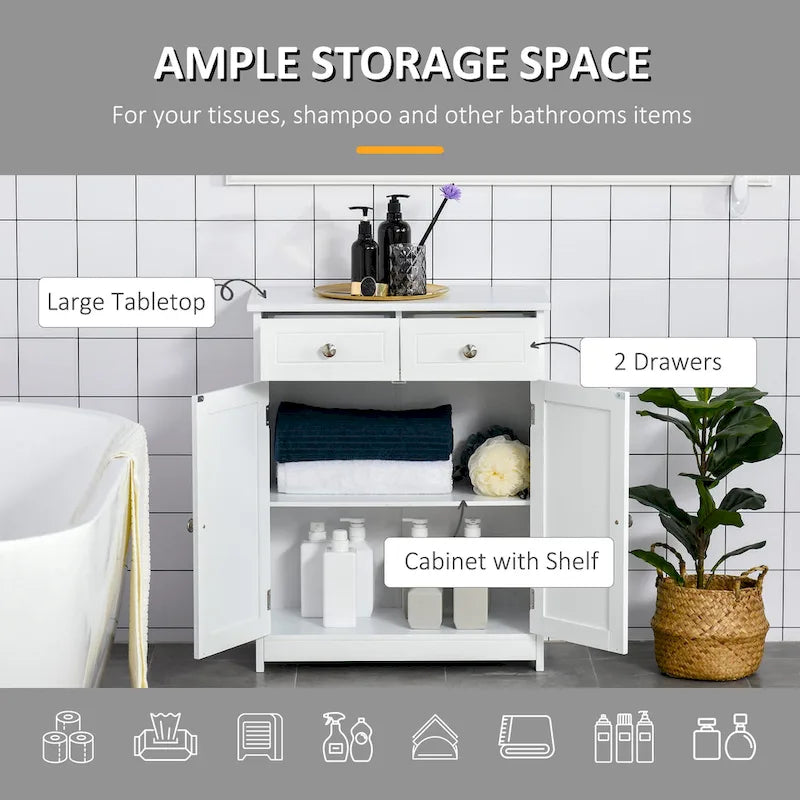 Meuble de rangement de salle de bain sur pied avec 2 tiroirs et étagère réglable, blanc